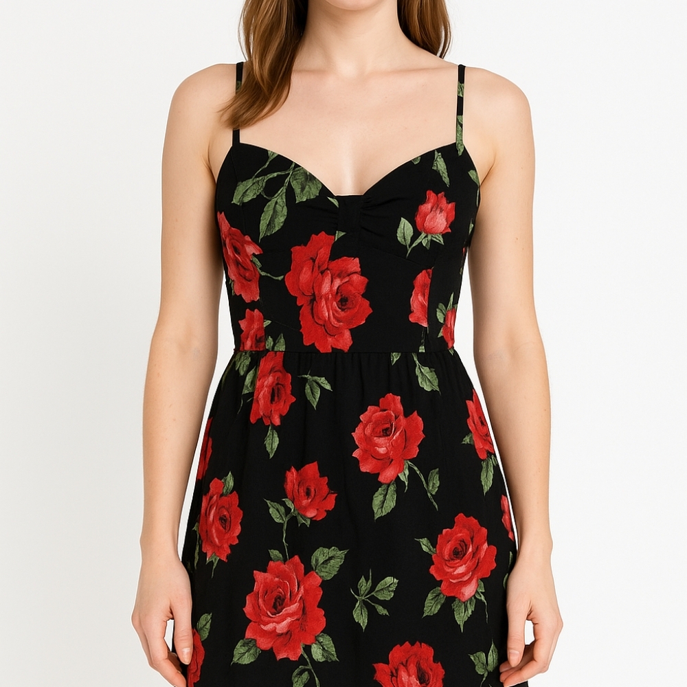 ​Crystal Doll Floral Tiered Maxi Dress Bustier Empire Waist Black Red Size 3